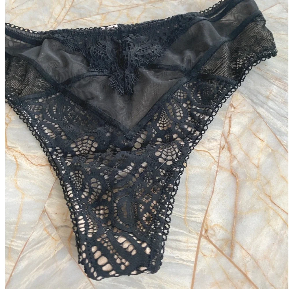 Victoria's Secret Black Lace Sheer Mesh Thong Panty Eyelash Trim Lingerie